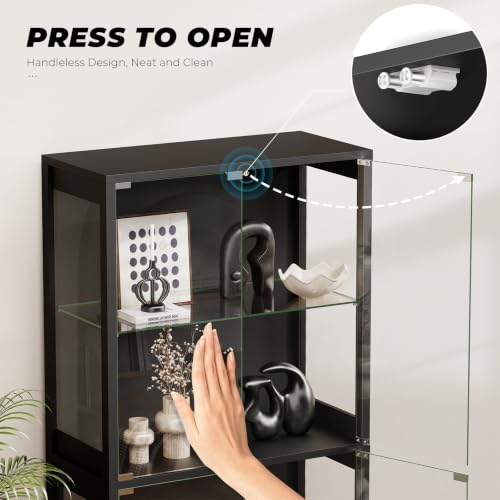 4-Tier Glass Display Cabinet with LED Lights and Drawer, Black