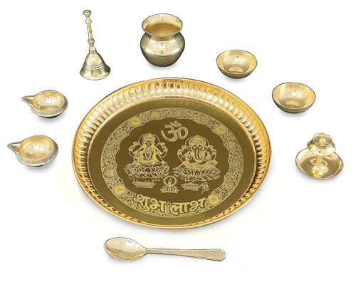 8-Inch Brass Pooja Thali Set with Ritual Accessories for Home Worship