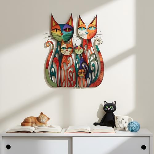 Colorful Metal Cat Wall Art 11x12 Inch Geometric Iron Feline Sculpture
