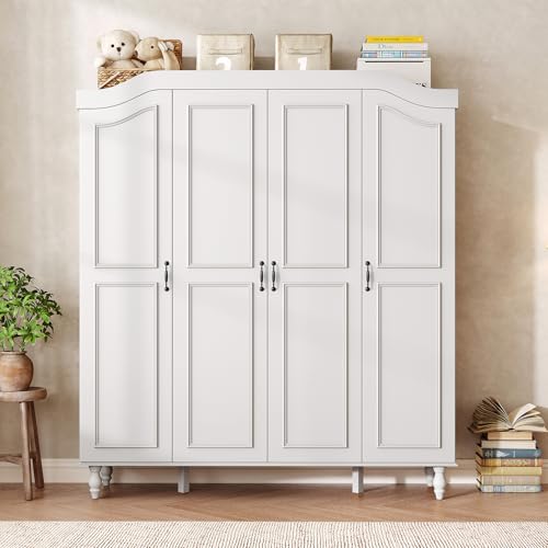 71-Inch Arched Armoire Wardrobe Closet, 4-Door White Wooden Storage Cabinet