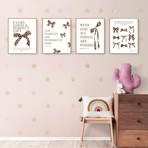 Leopard Bow Wall Art Prints Y2K Bible Verse Posters 10x8 Set of 4