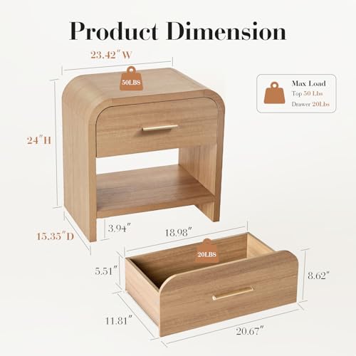 2-Drawer Curved Nightstand Set - Modern Wooden Bedside Table, 24-Inch