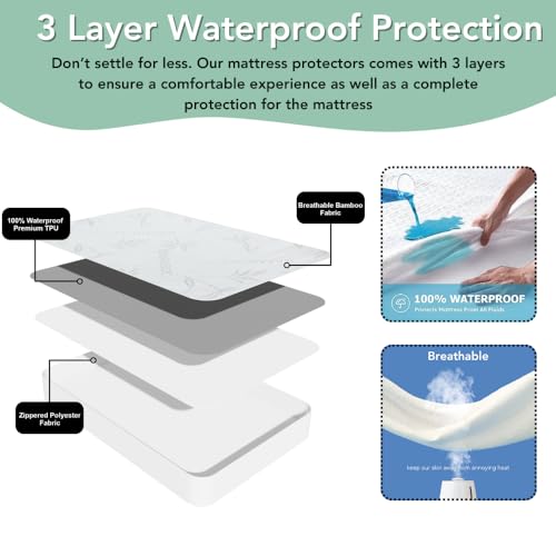 100% Waterproof Bamboo Rayon King Size Mattress Protector + 2 Pillow Protectors