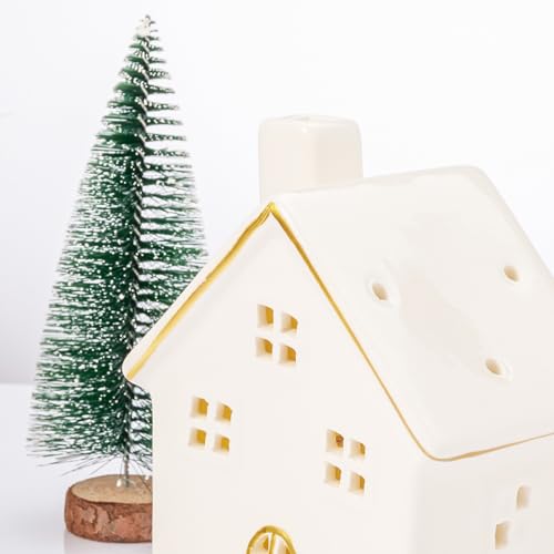 DN DECONATION 6PCS Christmas Village Houses Decorations Set, Light Up White & Gold Ceramic Houses and Frosted Christmas Trees, Small House Village Set with Lights for Tabletop Winter Xmas Decor Town