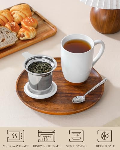 MALACASA Khaki White Ceramic Tea Mug with Infuser & Lid, 18 oz