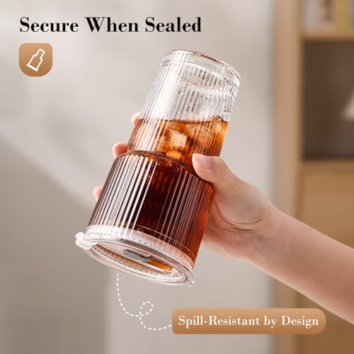 20oz Ribbed Glass Iced Coffee Cups with Lids and Glass Straws - 4 Pack