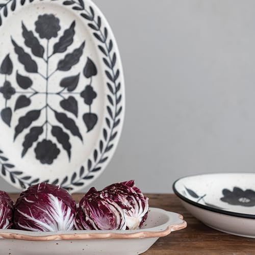 Hand Painted Stoneware Platter with Floral Design, Black and White
