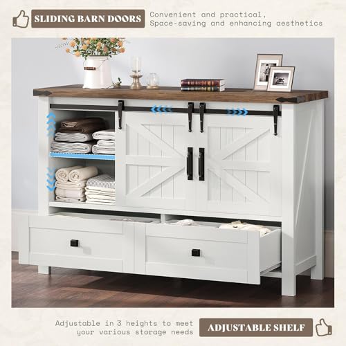 2-Piece Farmhouse Dresser Set with Sliding Barn Doors, Distressed White