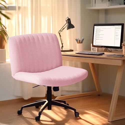 Water Resistant Criss Cross Armless Chair Cover - Pink Stretchable Slipcover for Wide Desk Chairs
