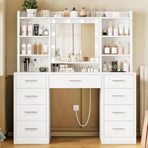 Large Vanity Desk with Lighted Mirror, 9 Drawers and Power Outlets