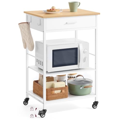 Mobile Kitchen Island Cart with Storage Drawer and Shelves, Oak and White