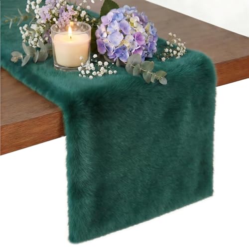 Emerald Green Faux Fur Table Runner 11.8in x 70.9in - Ultra Soft, Non-Shedding