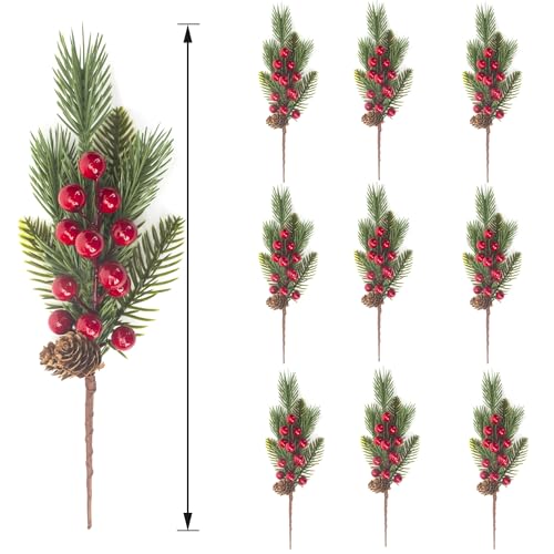 Grunyia 10 Pcs Artificial Pine Cone Picks with Red Berries - Christmas Tree Wreaths