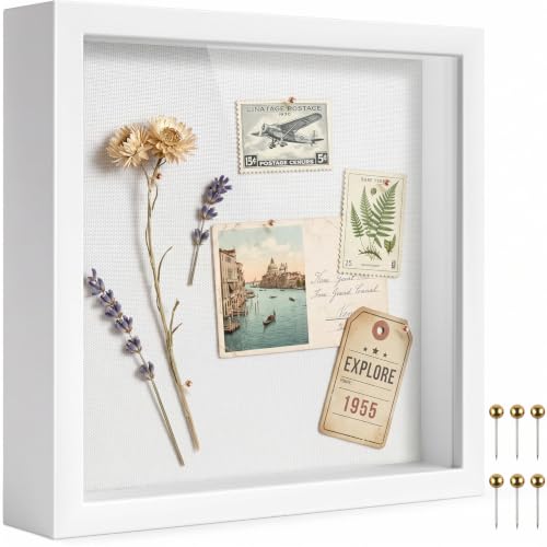 8x8 White Shadow Box Frame with Linen Backing and Push Pins