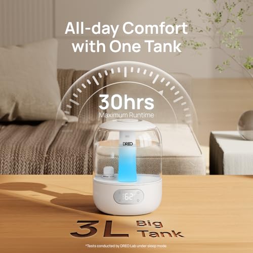 DREO 3L Cool Mist Humidifier for Bedroom - 30H Runtime, Quiet, Night Light