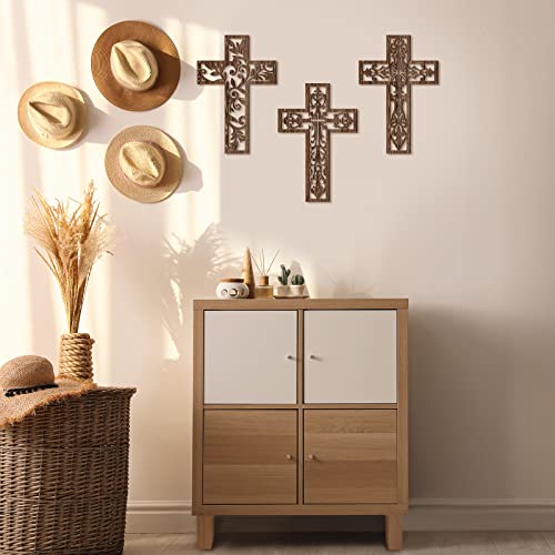 3 Pcs Wooden Cross Wall Decor, 12-Inch Hand-Carved Antique Hanging Cross