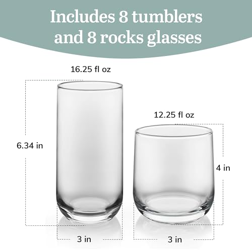 16-Piece Clear Glass Drinking Glasses Set - Tumblers & Rocks Glasses