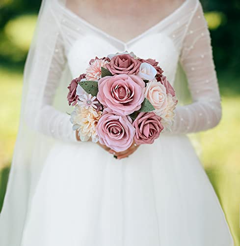 Pink Roses Artificial Flowers Set - 21 Faux Floral Bouquets for DIY Wedding & Home Decor