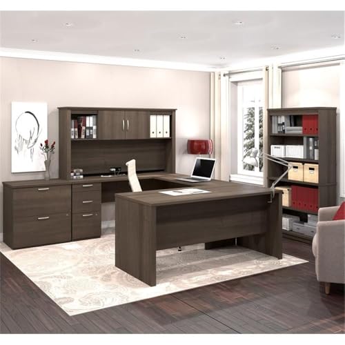 66-Inch U-Shaped Office Desk with Hutch, File Cabinets & Bookcase - Antigua Finish