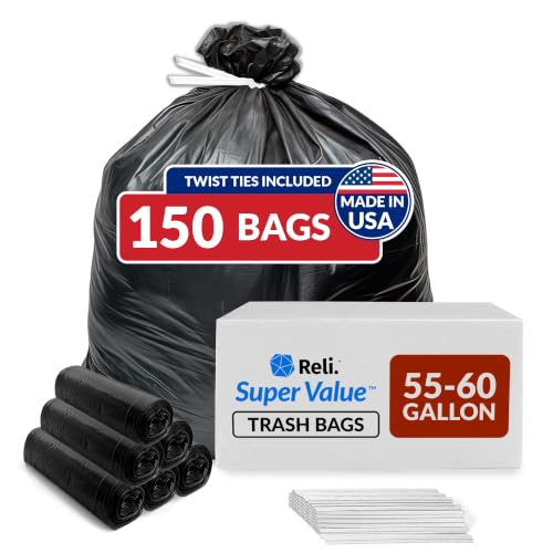 55-60 Gallon Heavy Duty Trash Bags with Twist Ties - 150 Count, Black
