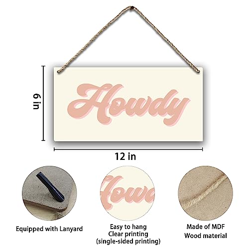 Retro Howdy Wooden Wall Sign - Pink and Beige Boho Hanging Plaque, 12x6"