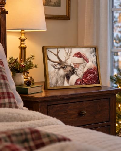 XYHYRA Framed Vintage Christmas Wall Art Santa Reindeer Canvas 16x12