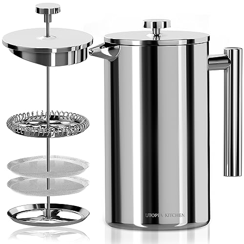 Utopia Kitchen 304 Grade Stainless Steel French Press Coffee Maker 12 Oz, Double Wall Insulated Coffee Press with 4-Level Filtration system, Include 2 Extra Filters, Rust-Free, Dishwasher Safe, Silver