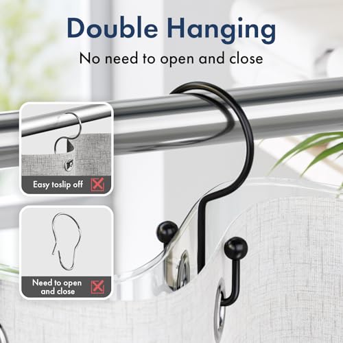 Matte Black Double Shower Curtain Hooks - Rust-Proof Metal Rings (12 Pack)