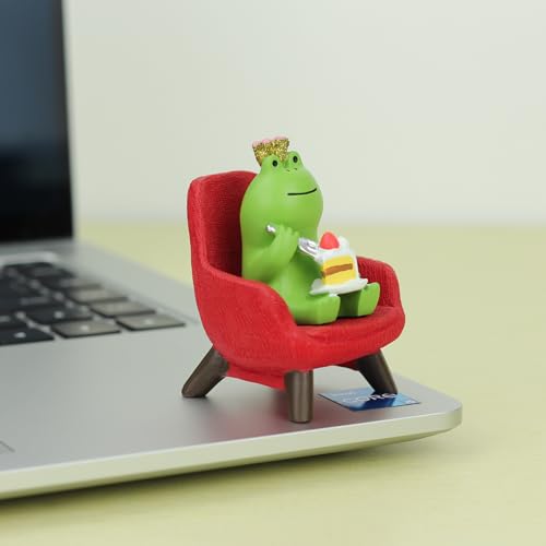 Miniature Frog Eating Cake Figurine on Red Sofa Desk Decoration