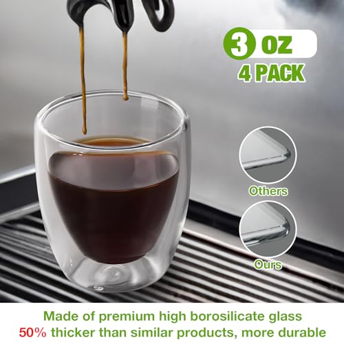 Gencywe Double Walled 3oz Espresso Cups Set of 4 - Insulated Glass Mugs for Coffee & Tea