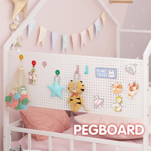 Twin Size Montessori House Bed Frame with Pegboard and Safety Guardrails
