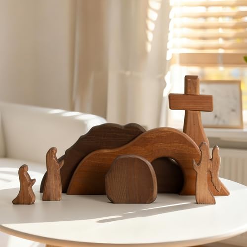 Wooden Empty Tomb Easter Scene Set - 7-Piece Religious Tabletop Display
