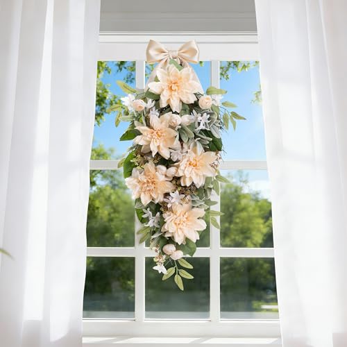 28-Inch Peach Dahlia Artificial Floral Teardrop Swag for Front Door