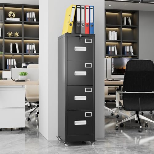 4-Drawer Mobile Metal File Cabinet with Lock, Letter & Legal Size Storage