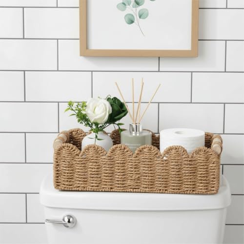 Scalloped Woven Paper Rope Storage Basket with Handles