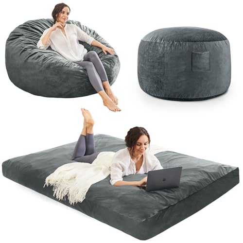 Convertible Bean Bag Chair for Adults, Memory Foam Floor Sofa Bed, Charcoal