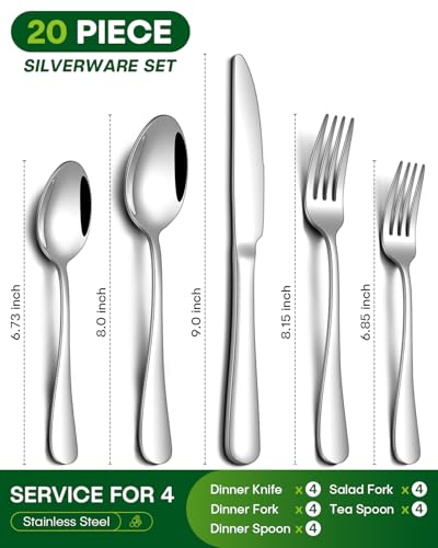 20-Piece Stainless Steel Silverware Set for 4, Mirror Polished Flatware