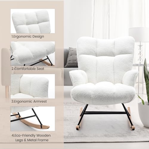 Upholstered Teddy Nursery Rocking Chair with High Backrest and Padded Seat