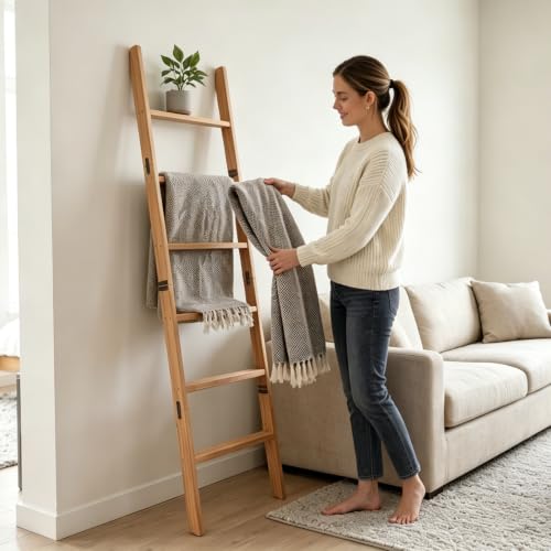 5.5ft Rustic Solid Wood Blanket Ladder - Farmhouse Towel & Quilt Rack