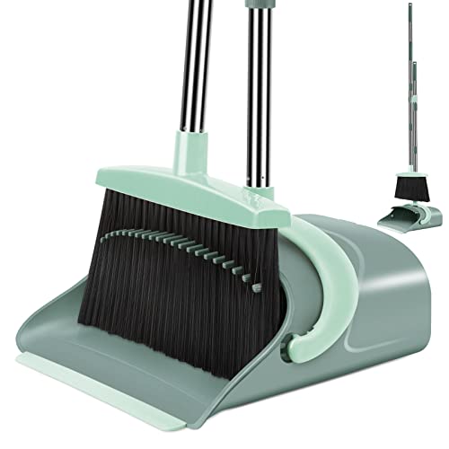 Upright Broom and Dustpan Set with Long Adjustable Handle - Gray & Green