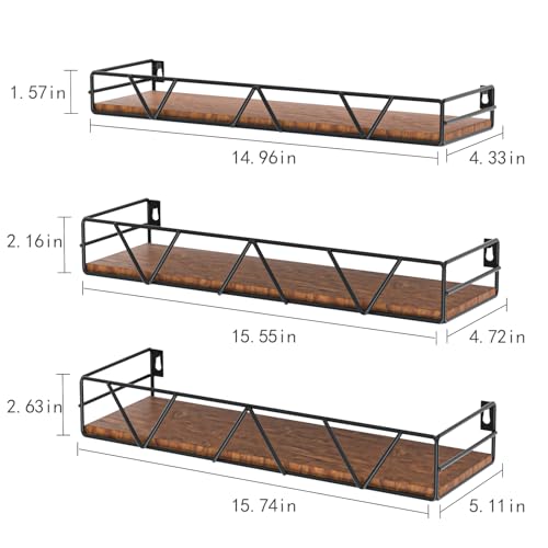 Floating Shelves Set of 3 Wood Wall Shelf with Metal Guardrail
