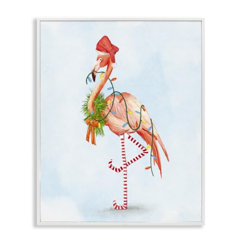 Coastal White Framed Flamingo Christmas Wreath Wall Art 16x20 Inches
