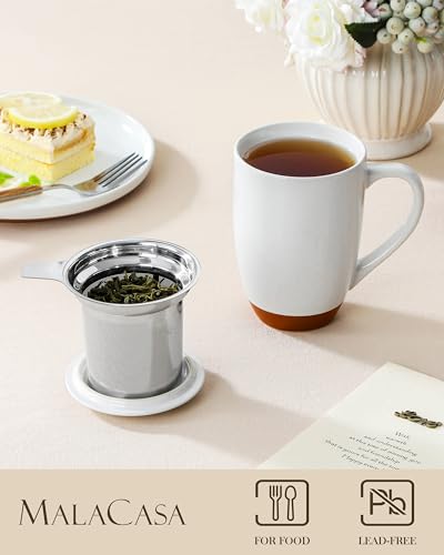 MALACASA Khaki White Ceramic Tea Mug with Infuser & Lid, 18 oz