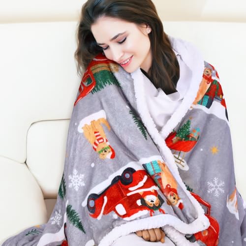 FuWeave Christmas Sherpa Throw Blanket 50 x 60 Inch with Red Truck Pattern