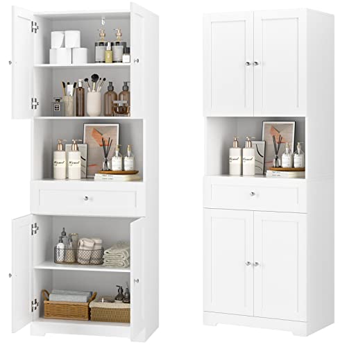 Tall Bathroom Storage Cabinet with Drawer and Shelves, 67-Inch White Linen Tower