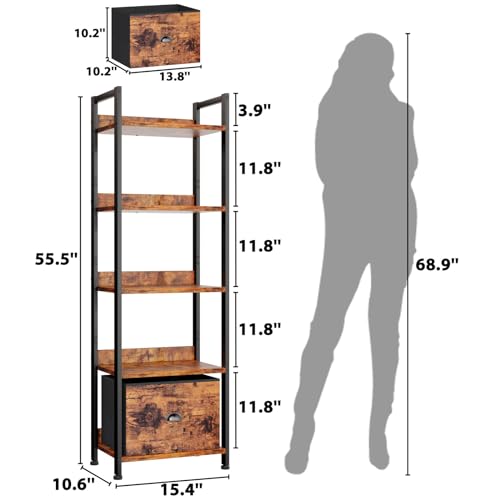 5-Tier Tall Narrow Bookshelf with Fabric Drawer - Rustic Brown