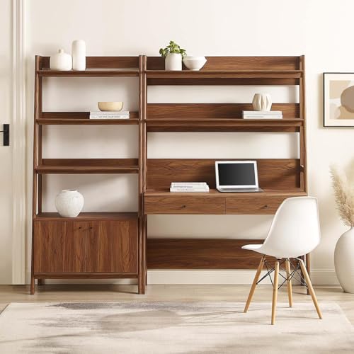 2-Piece Mid-Century Modern Home Office Desk and Bookshelf Set in Walnut