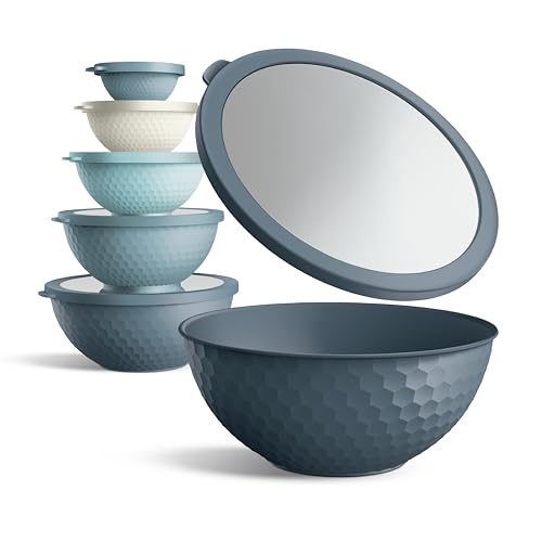 12-Piece Plastic Mixing Bowls Set with Lids - Blue Embossed Nesting Bowls