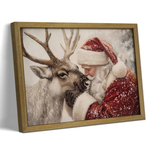 XYHYRA Framed Vintage Christmas Wall Art Santa Reindeer Canvas 16x12