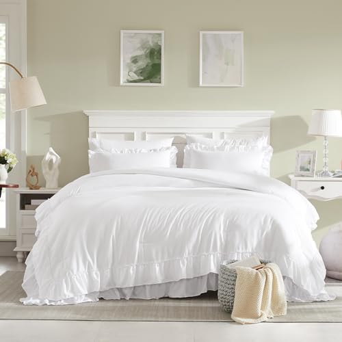 White Ruffle Queen Comforter Set - 3-Piece Shabby Chic Farmhouse Bedding